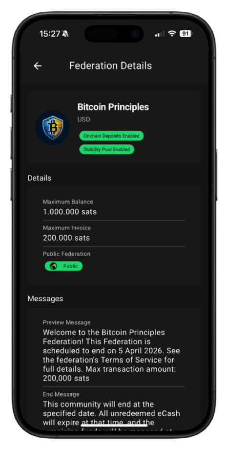 Vipr-Wallet federation details screen with limits and federation messages