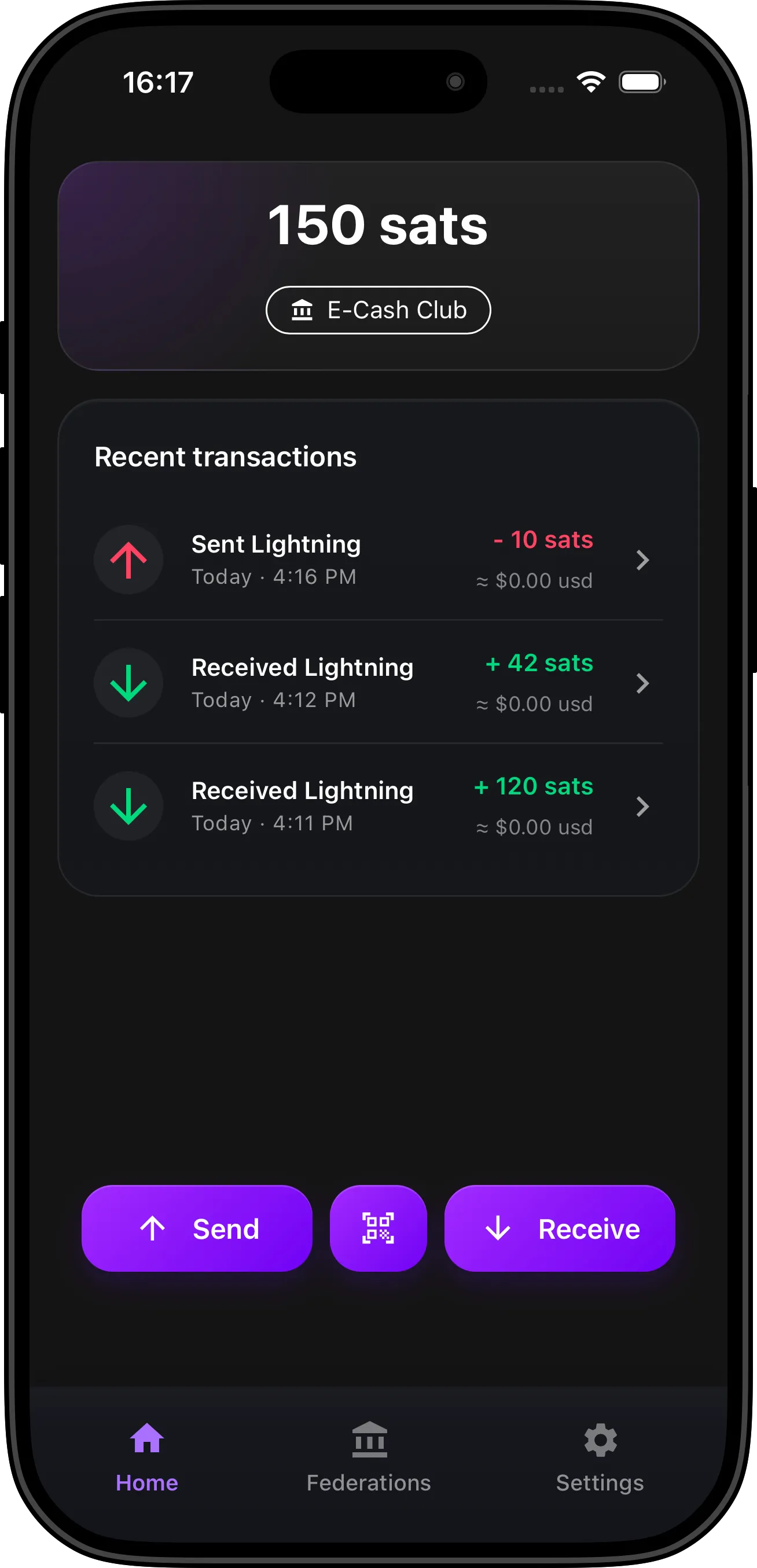 Vipr Wallet home screen showing balance, transactions, and send/receive actions