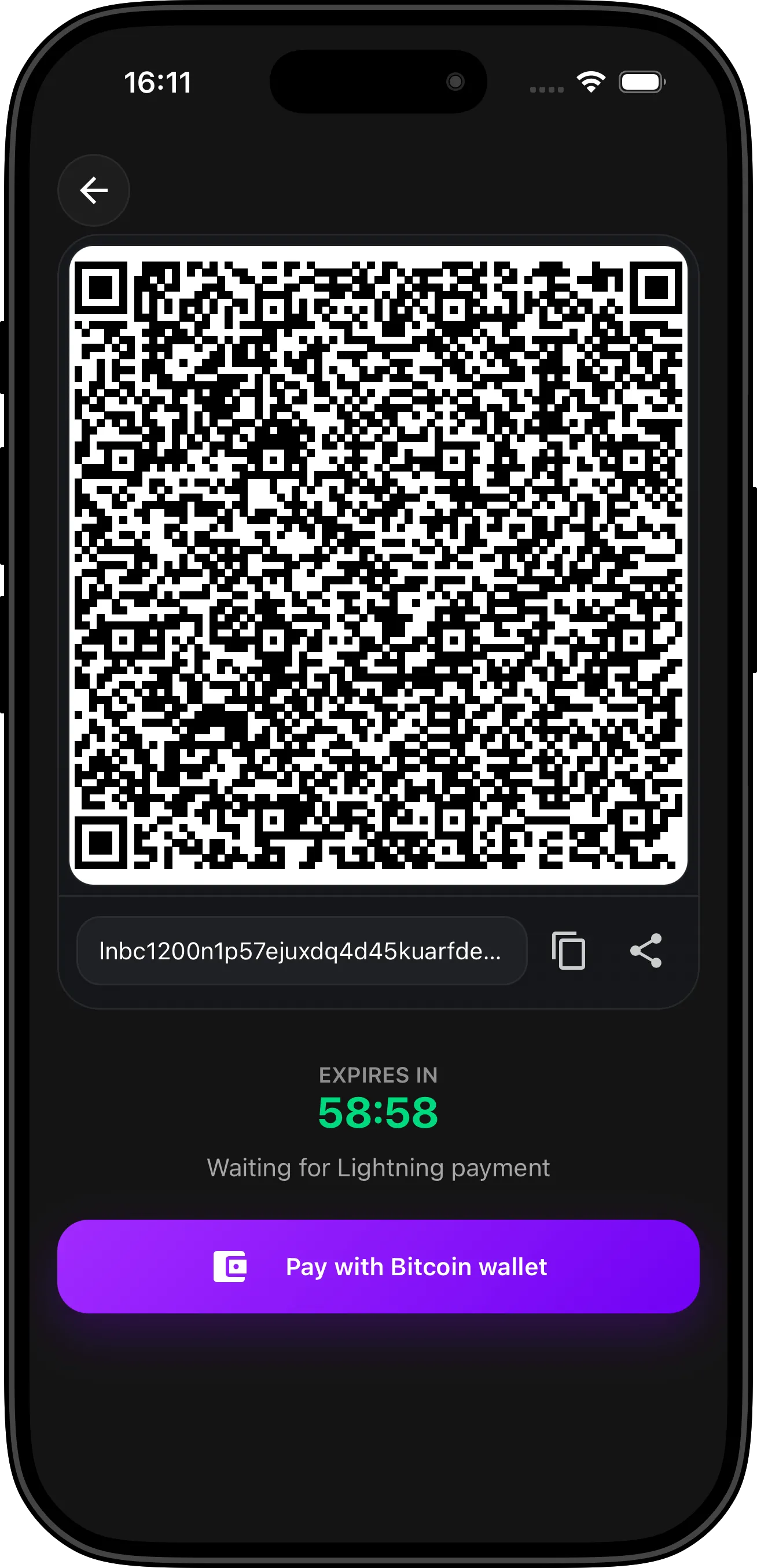 Vipr Wallet receive screen with QR code for Lightning payment