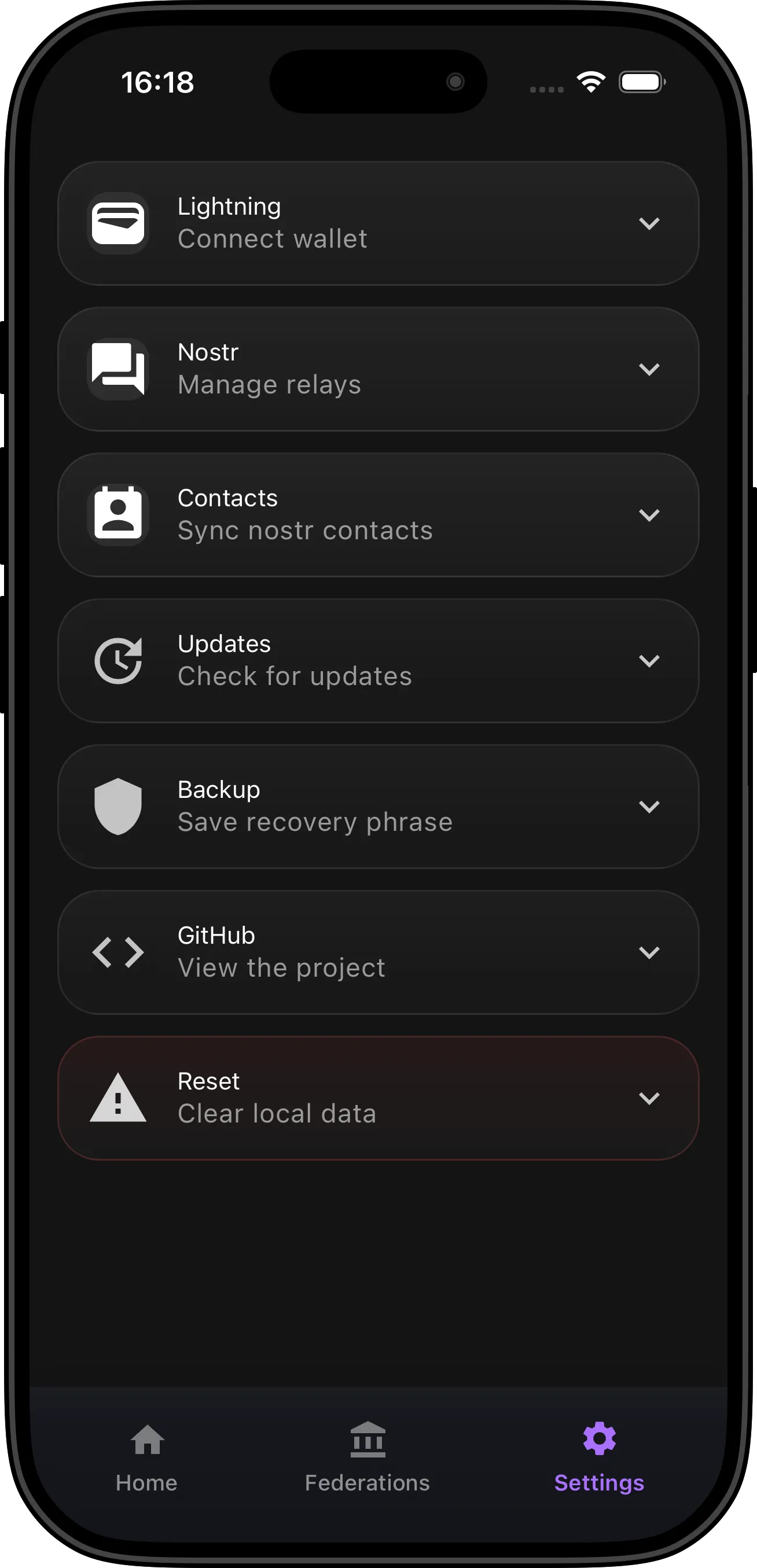 Vipr Wallet settings screen with wallet and federation options